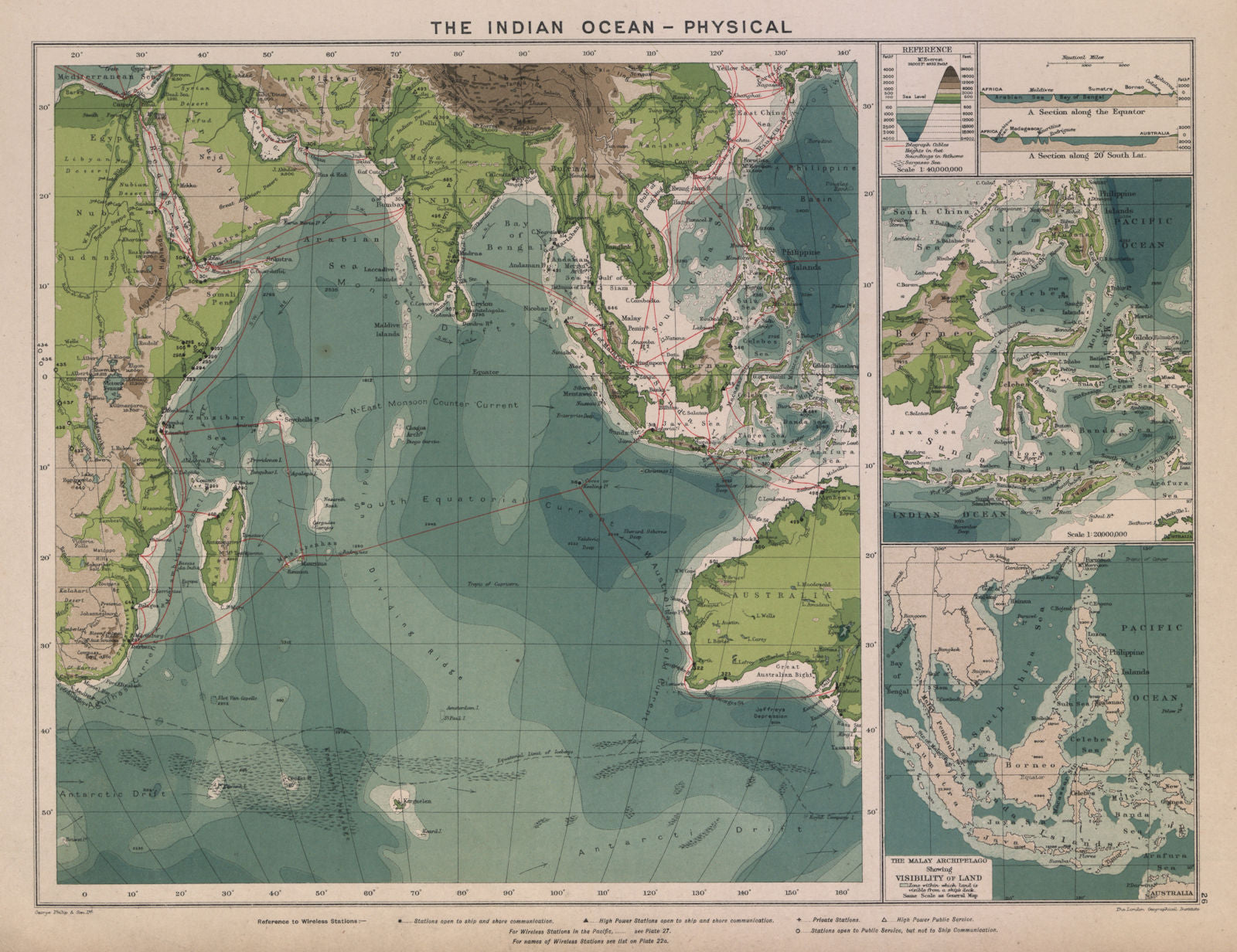 Indian Ocean. Cables & Wireless Stations. Land visibility 1916 old antique map